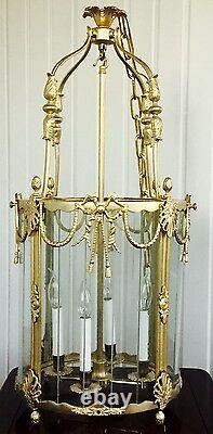 French Louis XVI Style Dore Bronze Lantern Chandelier Foyer Hall Ceiling Fixture