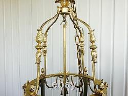 French Louis XVI Style Dore Bronze Lantern Chandelier Foyer Hall Ceiling Fixture