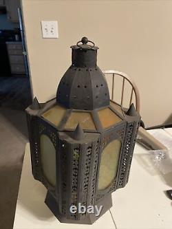 GORGEOUS STAIN GLASS ANTIQUE HANGING DOOR LANTERN WithCANDLE HOLDER INSIDE