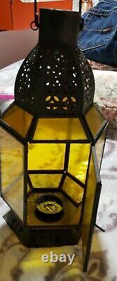 GORGEOUS YELLOW GLASS ANTIQUE HANGING DOOR LANTERN WithCANDLE HOLDER INSIDE