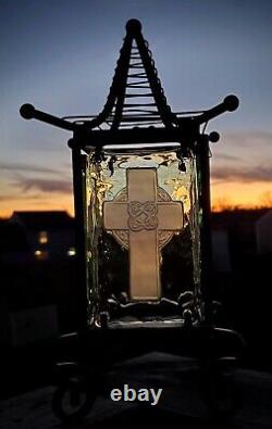 Gorgeous Antique/VTG Celtic Cross Wrought Iron/Embossed Aquamarine Glass Lantern