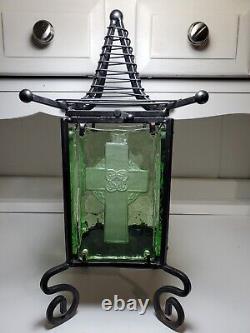 Gorgeous Antique/VTG Celtic Cross Wrought Iron/Embossed Aquamarine Glass Lantern