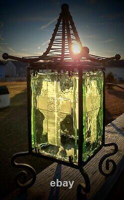 Gorgeous Antique/VTG Celtic Cross Wrought Iron/Embossed Aquamarine Glass Lantern