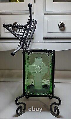 Gorgeous Antique/VTG Celtic Cross Wrought Iron/Embossed Aquamarine Glass Lantern