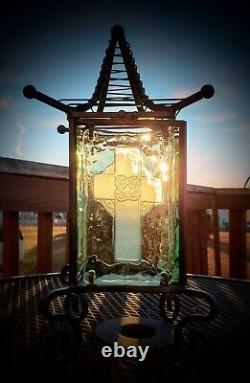 Gorgeous Antique/VTG Celtic Cross Wrought Iron/Embossed Aquamarine Glass Lantern