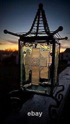 Gorgeous Antique/VTG Celtic Cross Wrought Iron/Embossed Aquamarine Glass Lantern