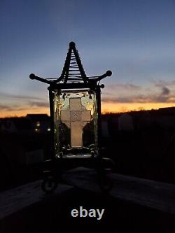 Gorgeous Antique/VTG Celtic Cross Wrought Iron/Embossed Aquamarine Glass Lantern