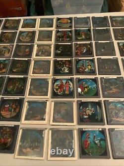 Huge Lot Of 70 Vintage Antique Magic Lantern Glass Slides Colored Storybook