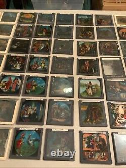 Huge Lot Of 70 Vintage Antique Magic Lantern Glass Slides Colored Storybook