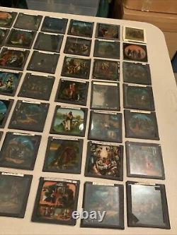 Huge Lot Of 70 Vintage Antique Magic Lantern Glass Slides Colored Storybook