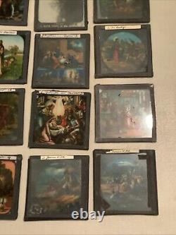 Huge Lot Of 70 Vintage Antique Magic Lantern Glass Slides Colored Storybook
