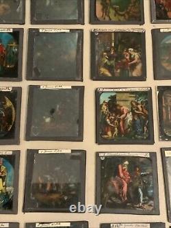 Huge Lot Of 70 Vintage Antique Magic Lantern Glass Slides Colored Storybook