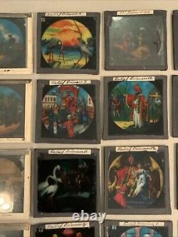 Huge Lot Of 70 Vintage Antique Magic Lantern Glass Slides Colored Storybook