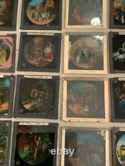 Huge Lot Of 70 Vintage Antique Magic Lantern Glass Slides Colored Storybook