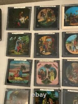 Huge Lot Of 70 Vintage Antique Magic Lantern Glass Slides Colored Storybook