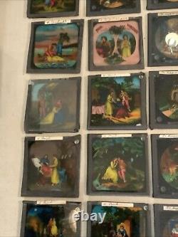 Huge Lot Of 70 Vintage Antique Magic Lantern Glass Slides Colored Storybook