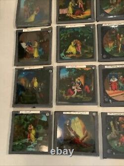 Huge Lot Of 70 Vintage Antique Magic Lantern Glass Slides Colored Storybook