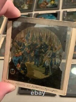 Huge Lot Of 70 Vintage Antique Magic Lantern Glass Slides Colored Storybook