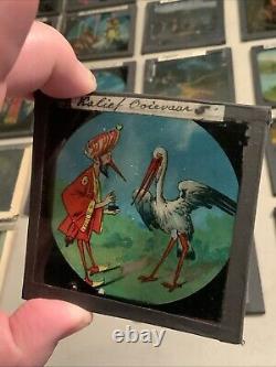Huge Lot Of 70 Vintage Antique Magic Lantern Glass Slides Colored Storybook