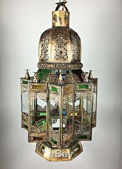 Huge Vintage Moorish Glass Hanging Hall Lantern Ceiling Pendant Light Lamp