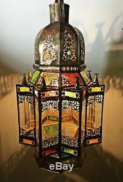 Huge Vintage Moorish Glass Hanging Hall Lantern Ceiling Pendant Light Lamp