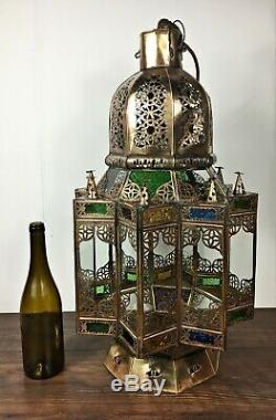 Huge Vintage Moorish Glass Hanging Hall Lantern Ceiling Pendant Light Lamp