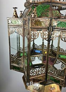 Huge Vintage Moorish Glass Hanging Hall Lantern Ceiling Pendant Light Lamp