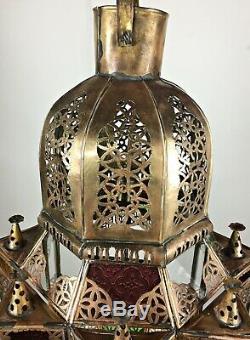 Huge Vintage Moorish Glass Hanging Hall Lantern Ceiling Pendant Light Lamp