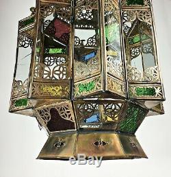 Huge Vintage Moorish Glass Hanging Hall Lantern Ceiling Pendant Light Lamp