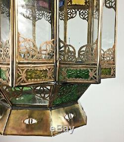 Huge Vintage Moorish Glass Hanging Hall Lantern Ceiling Pendant Light Lamp