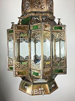 Huge Vintage Moorish Glass Hanging Hall Lantern Ceiling Pendant Light Lamp