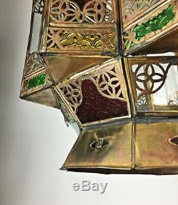 Huge Vintage Moorish Glass Hanging Hall Lantern Ceiling Pendant Light Lamp