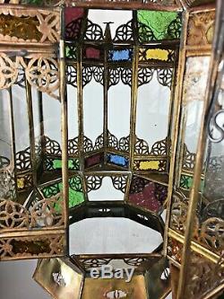 Huge Vintage Moorish Glass Hanging Hall Lantern Ceiling Pendant Light Lamp