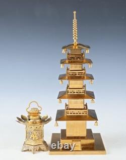 Japanese Vintage Brass Figure Five Storied Buddhism Pagoda Small Lantern Set