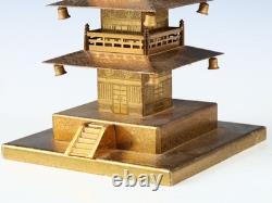 Japanese Vintage Brass Figure Five Storied Buddhism Pagoda Small Lantern Set