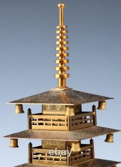 Japanese Vintage Brass Figure Five Storied Buddhism Pagoda Small Lantern Set