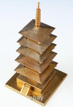 Japanese Vintage Brass Figure Five Storied Buddhism Pagoda Small Lantern Set