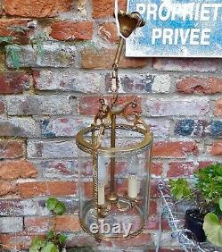 LARGE VINTAGE FRENCH CHATEAU GLASS and BRASS CYLINDER 3-LIGHT LANTERN PENDANT