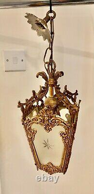 Lantern Pendant Ceiling Porch Light Vintage French 4 Glass Panels & Gold Gilt