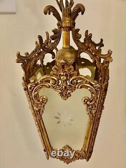 Lantern Pendant Ceiling Porch Light Vintage French 4 Glass Panels & Gold Gilt