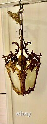 Lantern Pendant Ceiling Porch Light Vintage French 4 Glass Panels & Gold Gilt