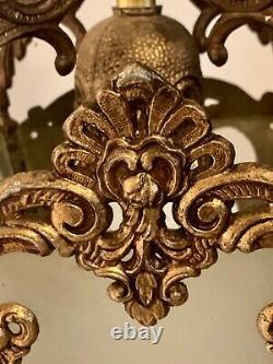 Lantern Pendant Ceiling Porch Light Vintage French 4 Glass Panels & Gold Gilt