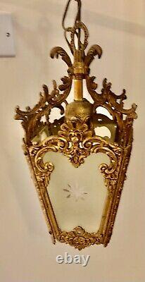 Lantern Pendant Ceiling Porch Light Vintage French 4 Glass Panels & Gold Gilt
