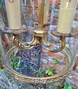 Large Vintage French Chateau Glass And Brass Cylinder 3-light Lantern Pendant