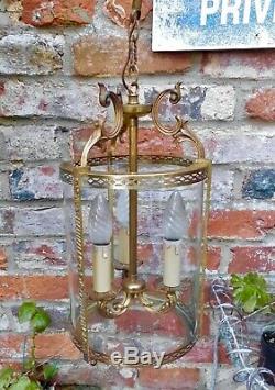 Large Vintage French Chateau Glass & Brass Cylinder Three-light Lantern Pendant