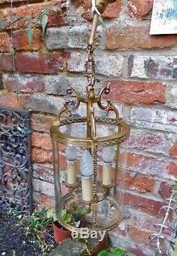 Large Vintage French Chateau Glass & Brass Cylinder Three-light Lantern Pendant