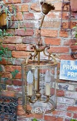 Large Vintage French Chateau Glass & Brass Cylinder Three-light Lantern Pendant