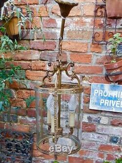 Large Vintage French Chateau Glass & Brass Cylinder Three-light Lantern Pendant