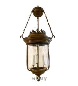 Large Vintage Patina Bronze Entry Chandelier Lantern W Hand Blown Glass Globe