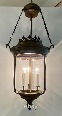 Large Vintage Patina Bronze Entry Chandelier Lantern W Hand Blown Glass Globe